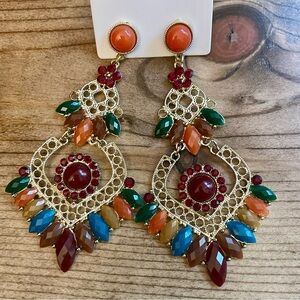 Gold Chandelier Earrings with Multi Colored Acrylic Stones